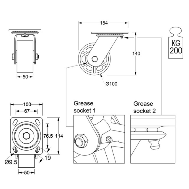 INDUSTRIAL ROTATING VINTAGE CASTER D.100, CAST IRON/ 200KG